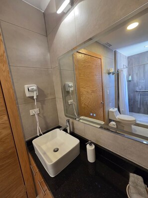 A modern bathroom with a large mirror, a sink, a toilet, and a shower area. - Cozy Loft with Panoramic View in Chihuahua (Chihuahua)