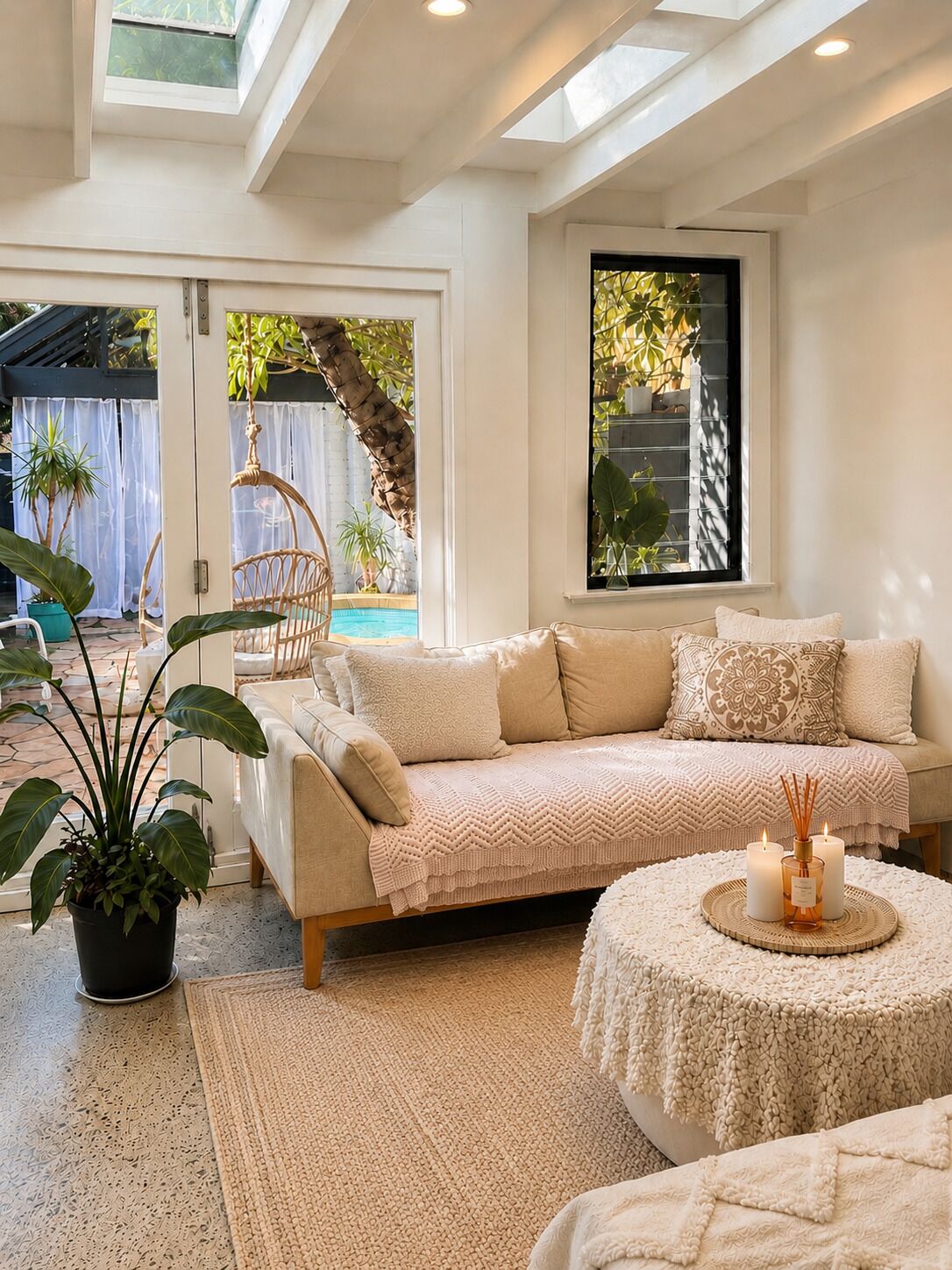 A modern living room with a sofa, a coffee table, and a potted plant.