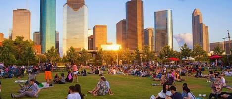 A park with people sitting on grass, a city skyline in the background, and a clear sky.
