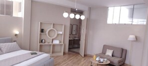 Habitación de hotel con cama, zona de estar con mesa, armario y baño visible a través de una puerta abierta.