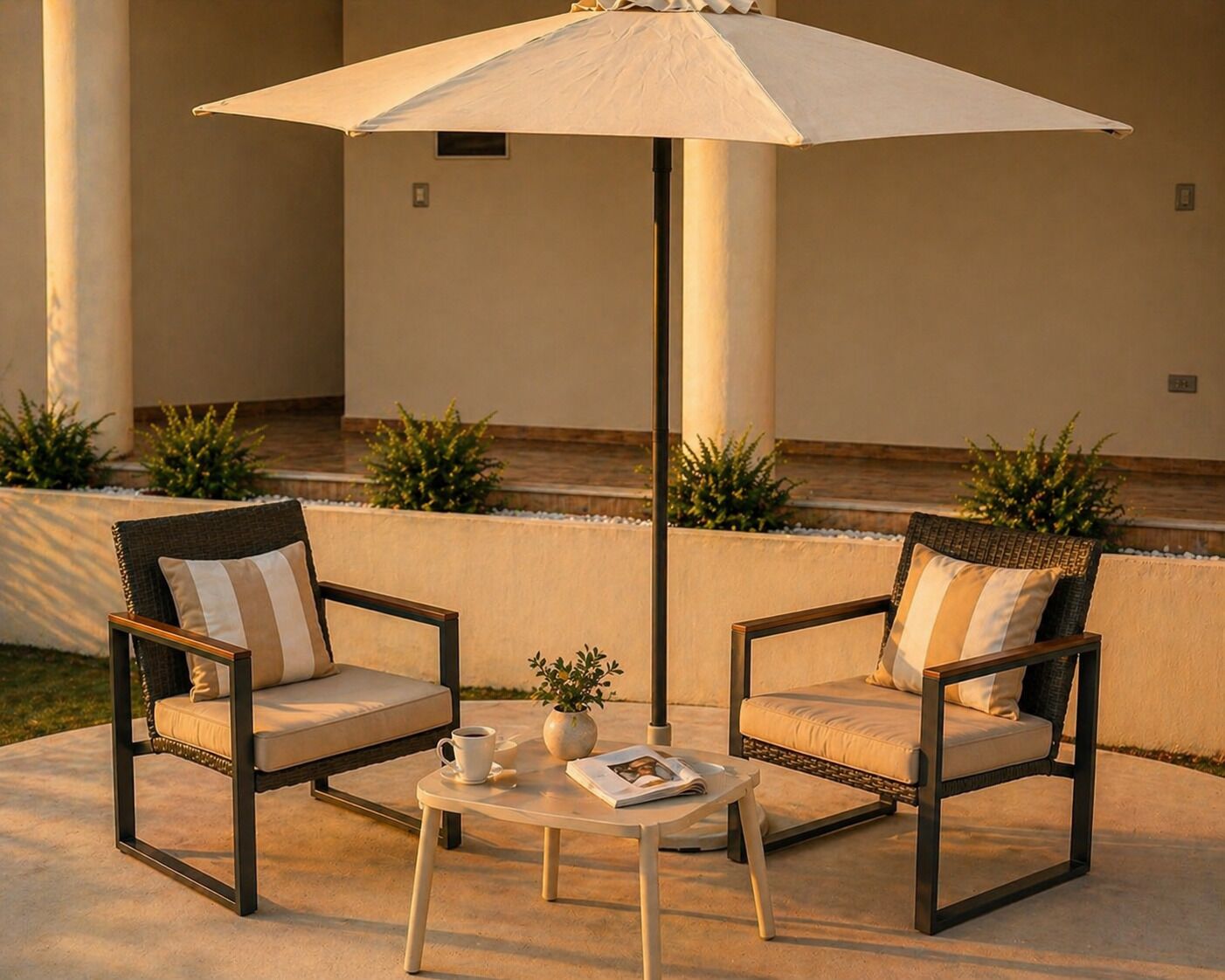 A patio area with two wicker chairs, a round table, and a large umbrella.