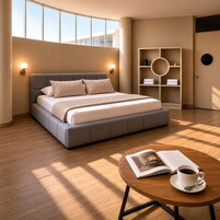 Un dormitorio moderno con una cama grande, lámparas de noche, una mesita redonda con un libro y una taza, y un armario con estantes.