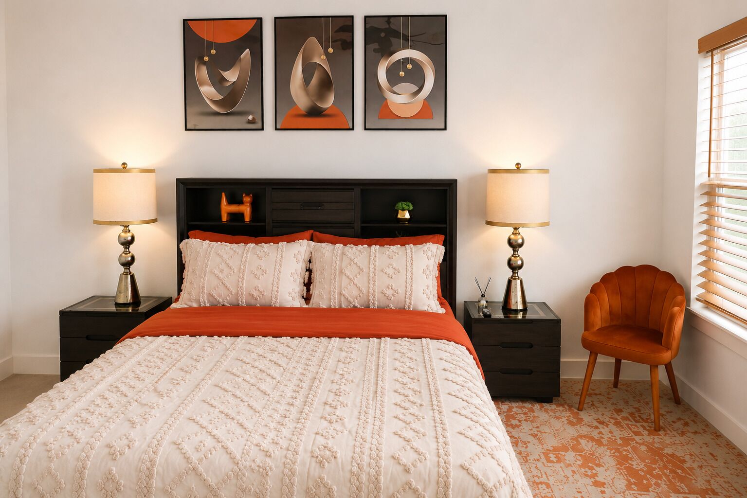 A bedroom with a bed, two bedside tables with lamps, a chair, and three abstract paintings on the wall.