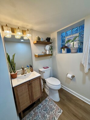 A bathroom with a wooden vanity, a toilet, a mirror with lights, shelves with plants, and a window with blue-tinted glass. - Charming 2-bedroom apartment in Alsip, full amenities workspace (Alsip)