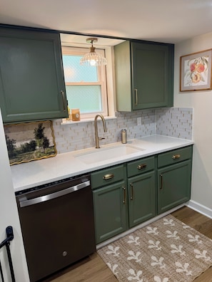 A kitchen with green cabinets, a white countertop, a stainless steel dishwasher, and a window with a frosted glass panel.
