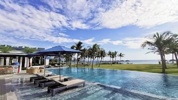 A poolside area with lounge chairs and umbrellas, a clear sky, and a view of the ocean.
