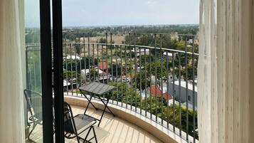A balcony with a table and chairs, overlooking a residential area with houses and greenery.