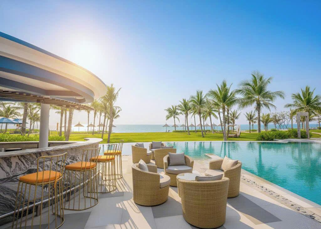 A poolside area with bar seating and lounge chairs, overlooking a pool and a beach.