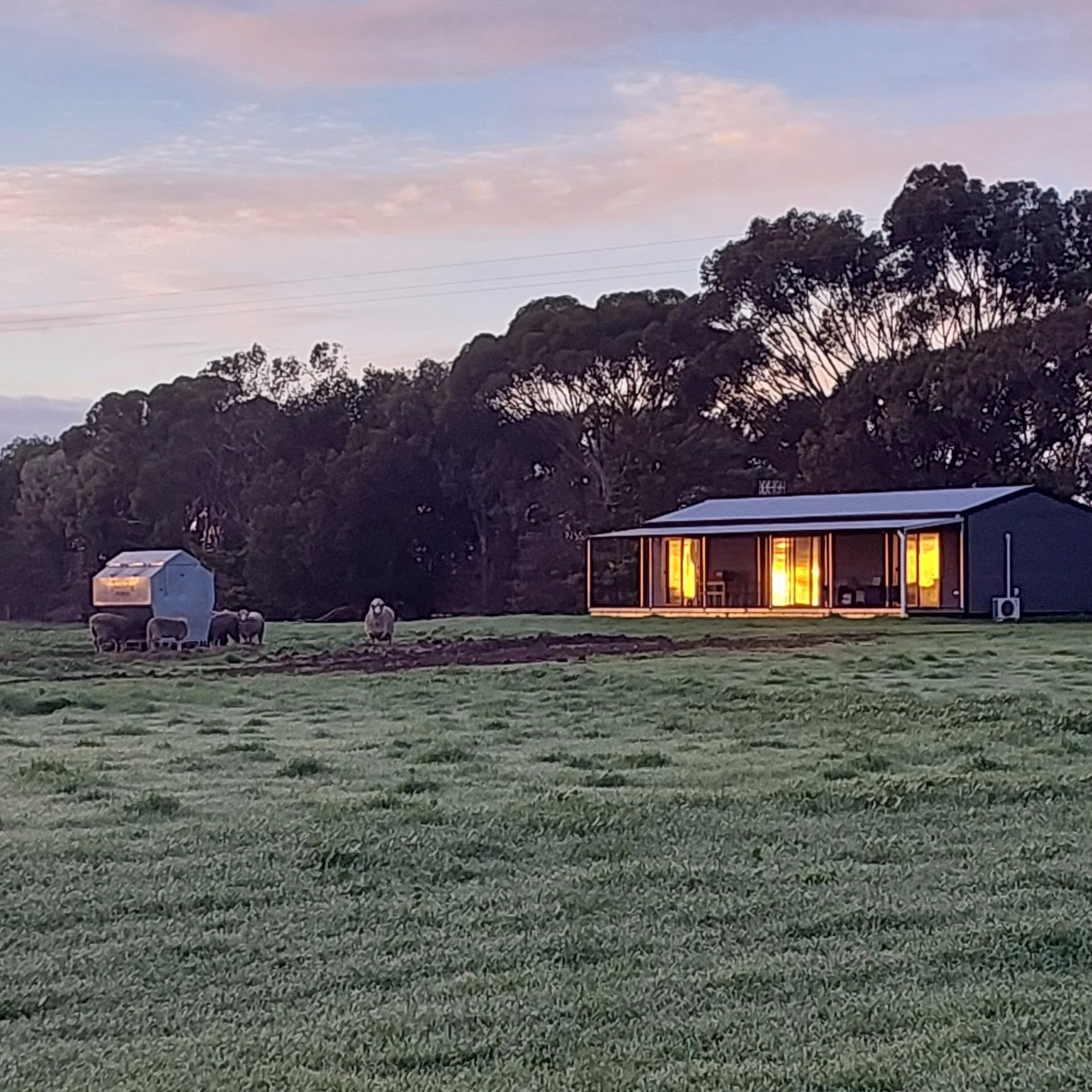 A rural property with a large house featuring a glass facade, a barn, and a fenced area with sheep.