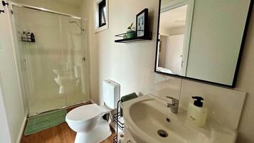 Hair dryer, towels, soap, toilet paper