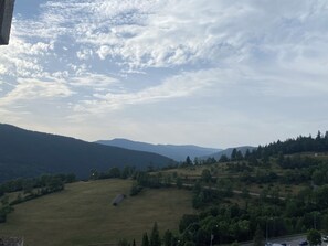 Une vue panoramique d’une région vallonnée avec une route et des arbres.