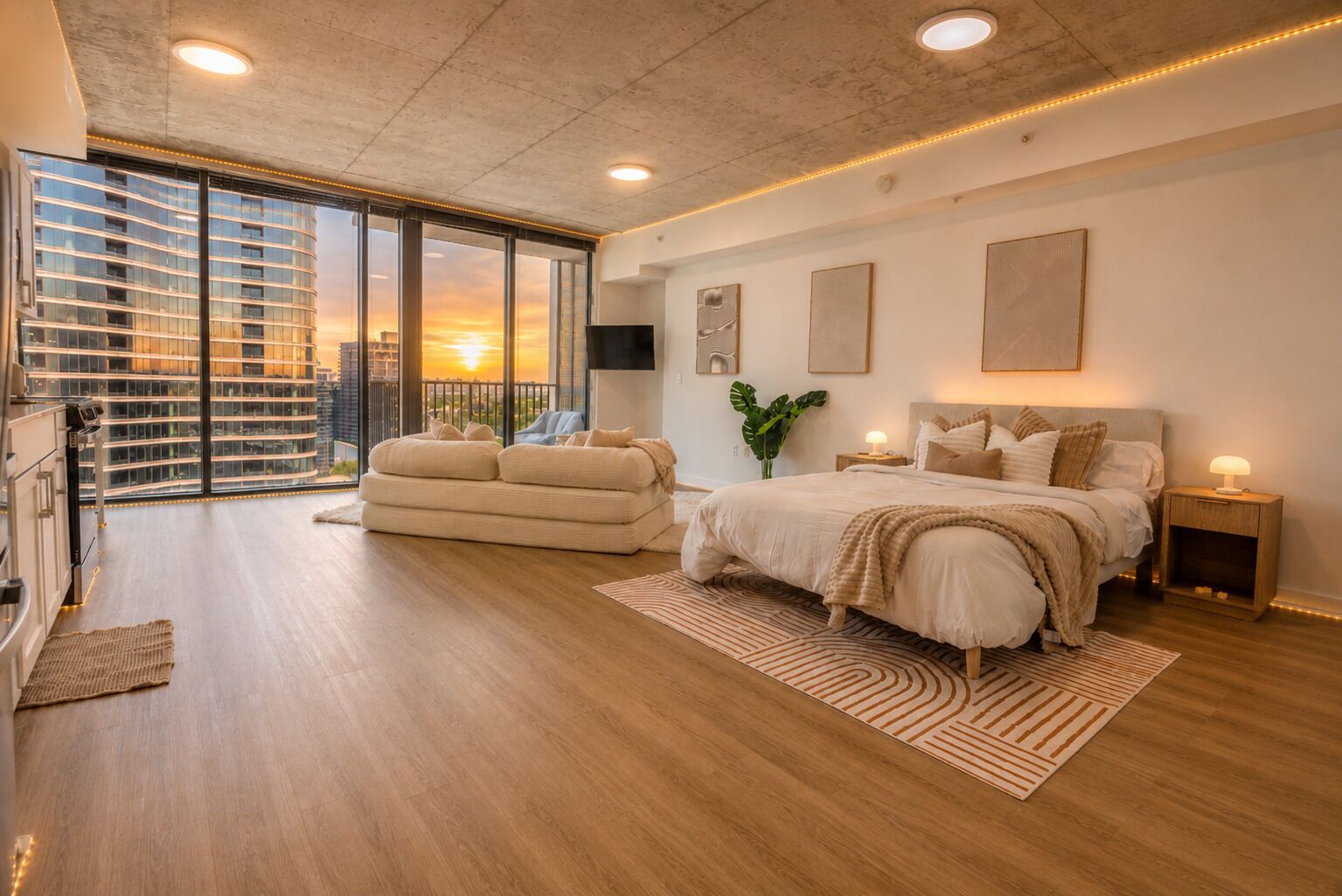 Ein modernes Schlafzimmer mit einem großen Bett, einer Sitzecke und Blick auf eine Stadtkulisse durch große Fenster.