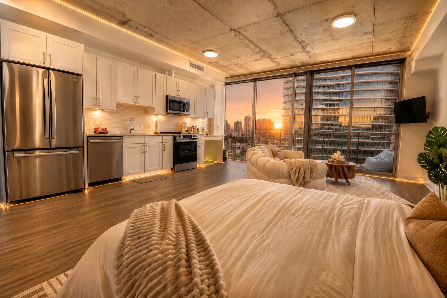 A modern bedroom with a large bed, a city view through floor-to-ceiling windows, and a kitchenette with stainless steel appliances.
