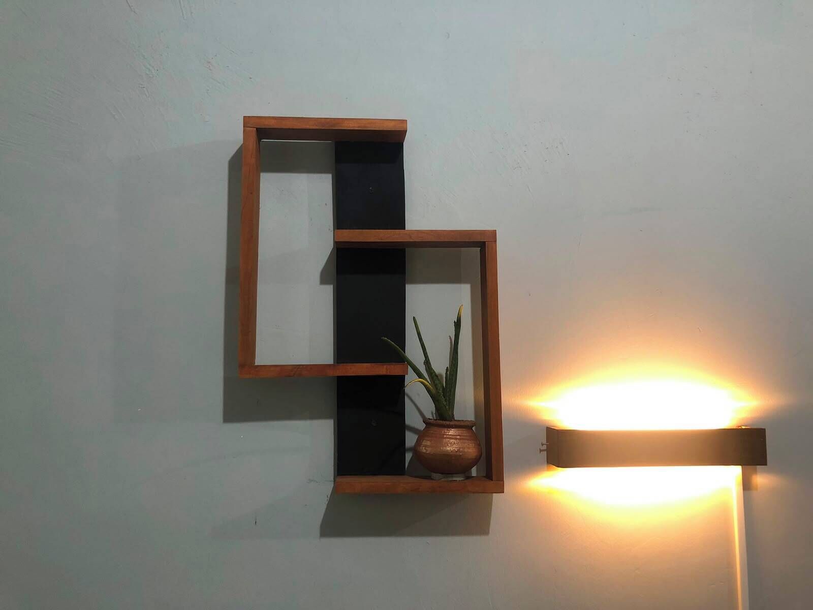 Estante de pared con una planta en maceta y un aplique.