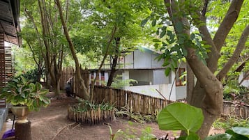 Un jardín con diversas plantas y árboles, una valla de bambú y un edificio con tejado de tejas.