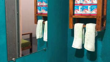 Shower, free toiletries, towels, soap