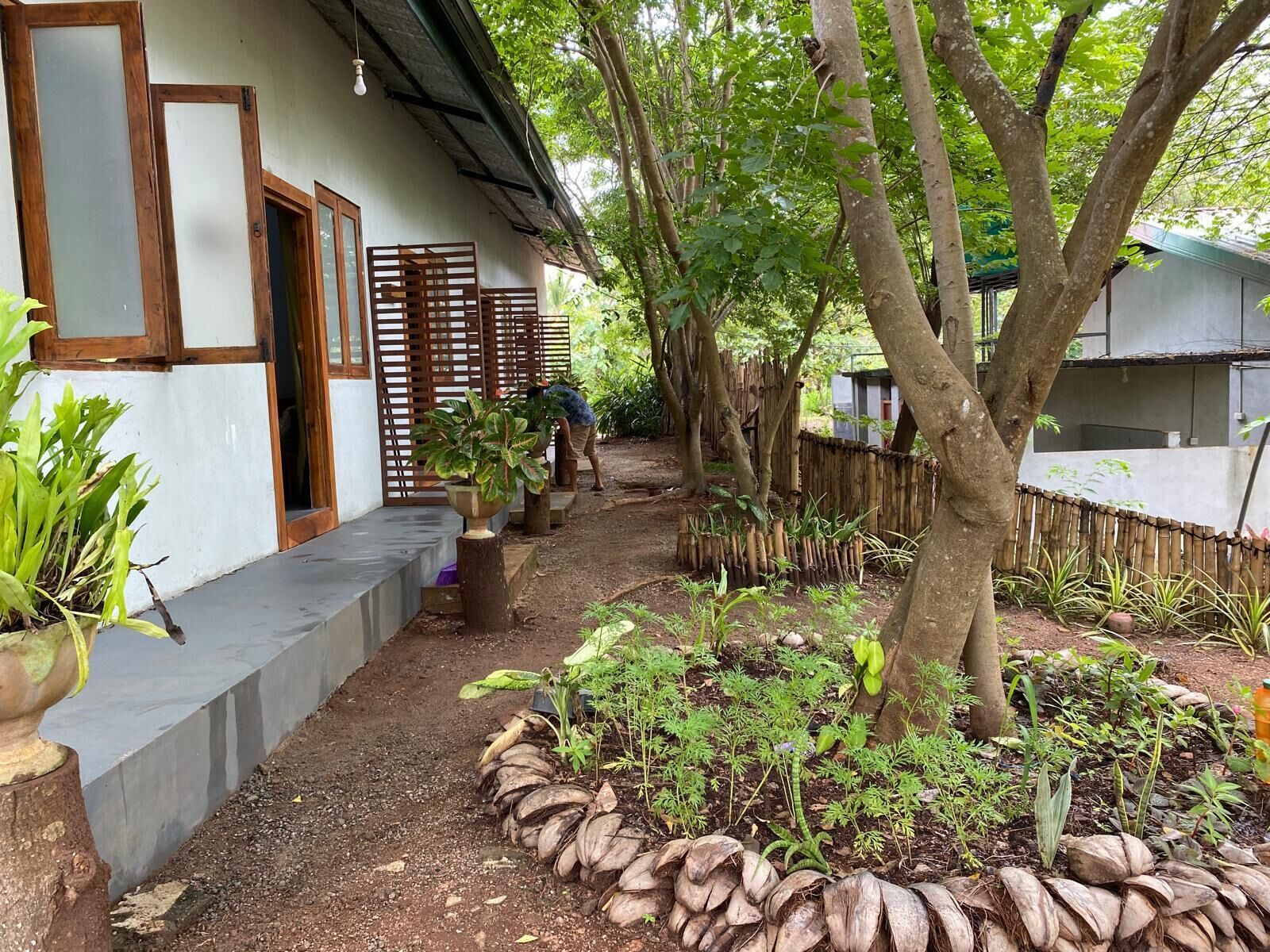 A pathway leading to a building with a wooden fence and potted plants.