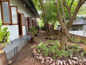 A pathway leading to a building with a wooden fence and potted plants.