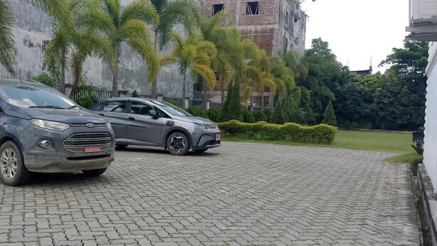 Dos autos estacionados sobre una superficie pavimentada, con un edificio y palmeras al fondo.