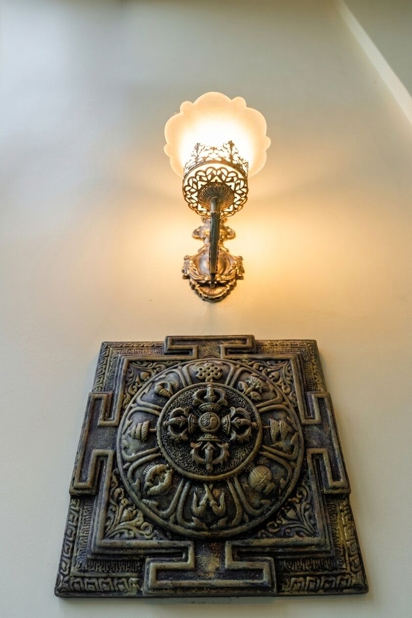 Una lámpara de pared con detalles de metal intrincados y una placa decorativa debajo.