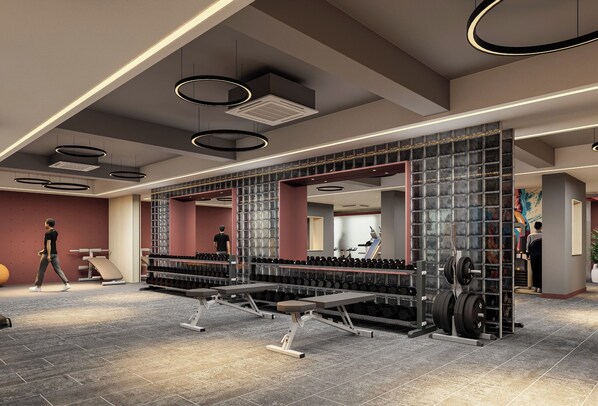 A modern gym with weightlifting equipment, treadmills, and a mirrored wall. - The Inn Dhangadhi (Dhangadhi)