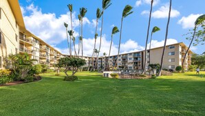 A hotel courtyard with a well-maintained lawn, palm trees, and a multi-story building with balconies. - Oceanview 2BR/2BA condo with pool, AC, balcony, and beach access-Kanai A Nalu 317 (Wailuku)