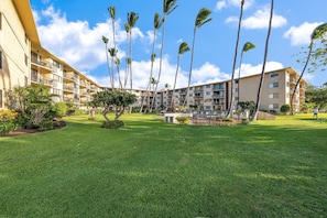 A hotel courtyard with a well-maintained lawn, palm trees, and a multi-story building with balconies. - Oceanview 2BR/2BA condo with pool, AC, balcony, and beach access-Kanai A Nalu 317 (Wailuku)