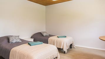 A room with two beds, each with a patterned bedspread and pillows, a small bedside table, and a hanging light fixture.
