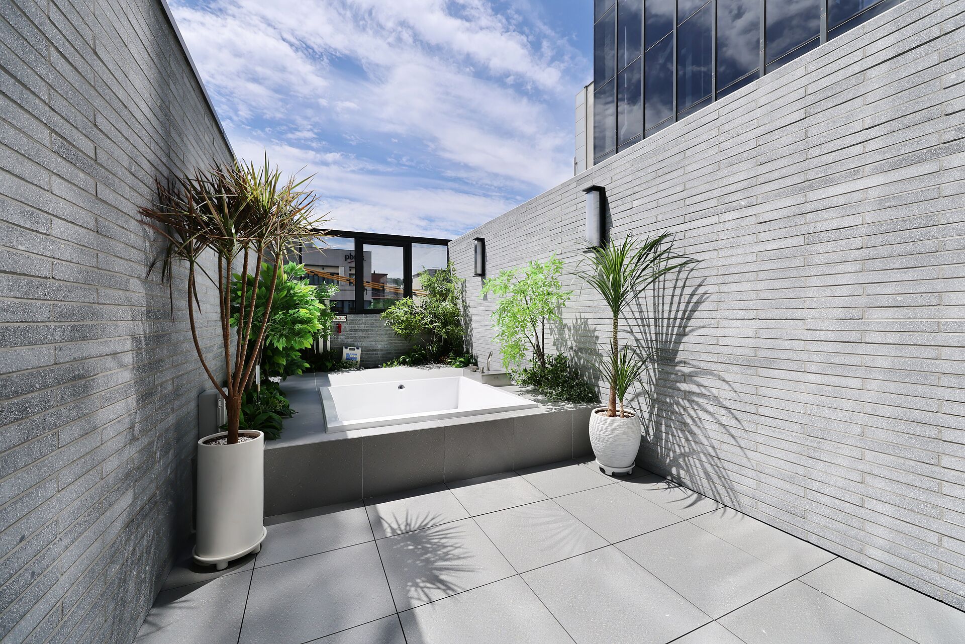 Un espacio exterior moderno con piscina rectangular, plantas en macetas y un muro de ladrillo.