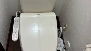 Toilet met bedieningspaneel, toiletrolhouder en een douchetoilet.