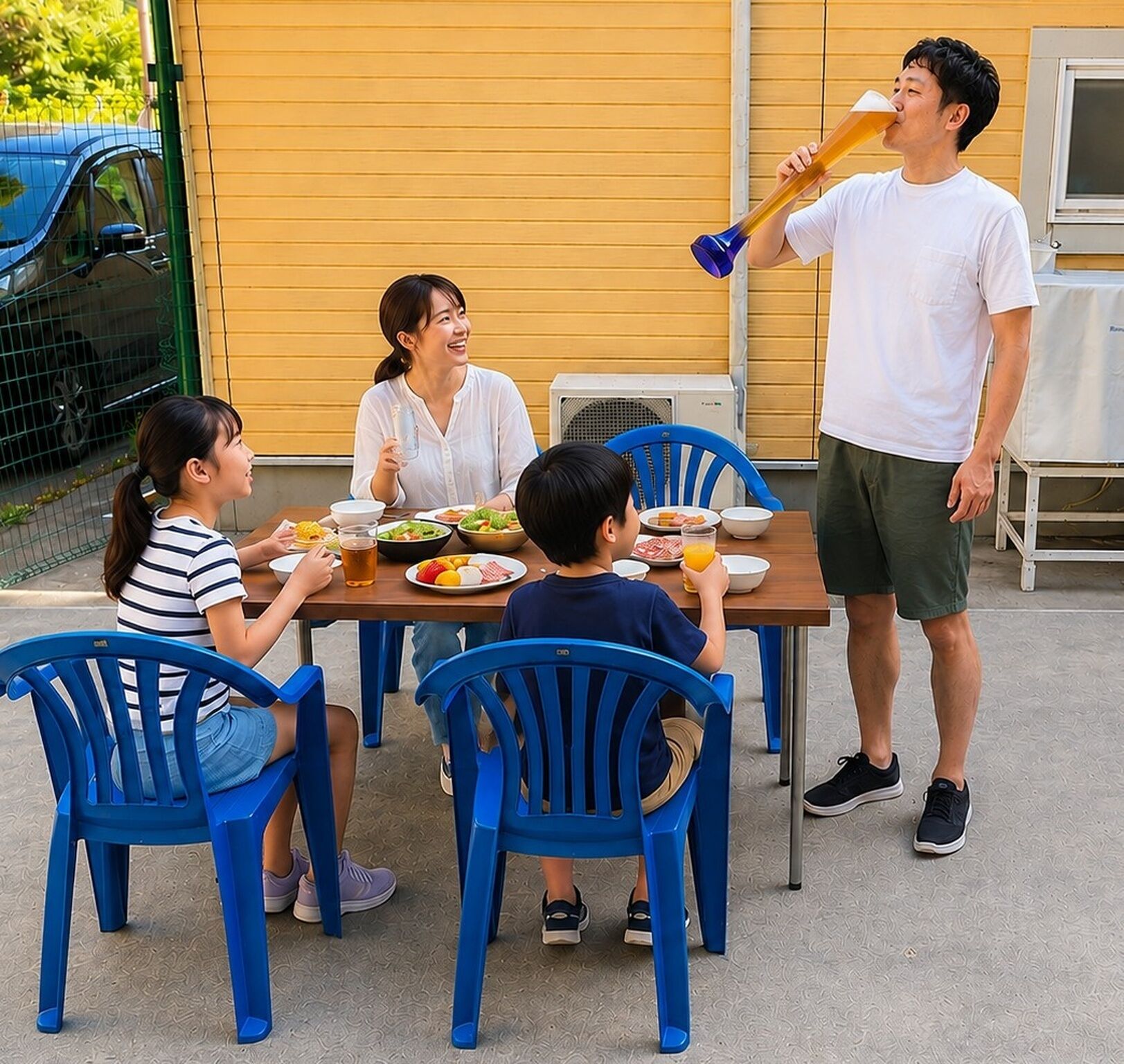 Un groupe de personnes est assis à une table en plein air et déjeune, avec un mur jaune en arrière-plan.