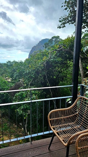 Una silla de mimbre sobre una terraza de madera con baranda metálica, con vistas a un paisaje verde exuberante y una montaña.