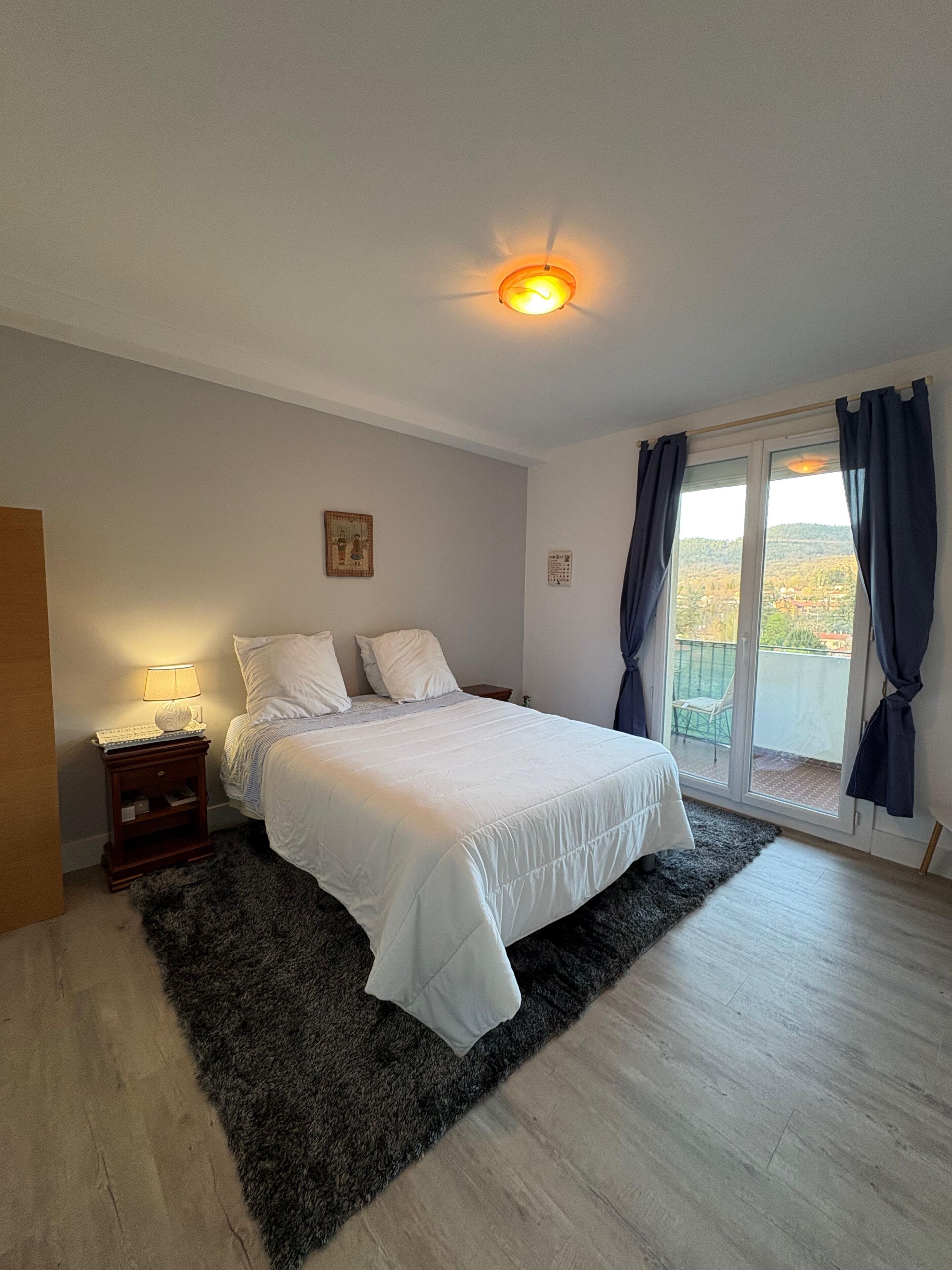 A bedroom with a bed, a nightstand, a lamp, a picture on the wall, and a view through the window.