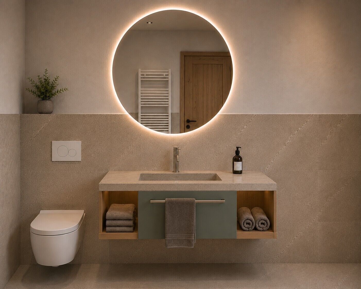 Ein Badezimmer mit rundem Spiegel, Waschbecken, Toilette und Handtuchhalter.