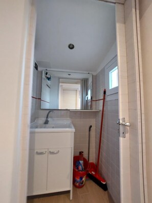 Een kleine badkamer met een witte wastafel, spiegel en betegelde wanden.