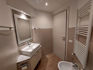A modern bathroom with a sink, mirror, and shower area. - Cozy Apartment in La Spezia—La Spezia's Little Gem (La Spezia)