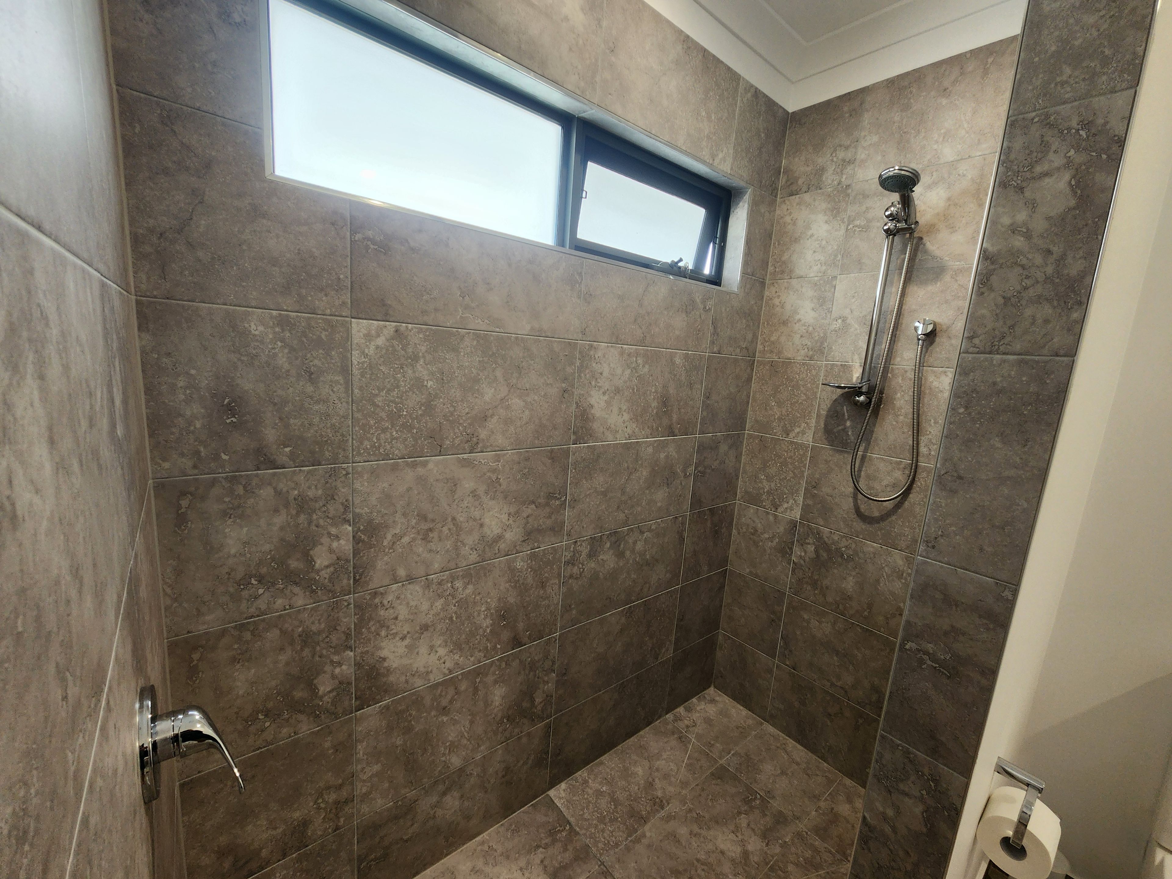 A bathroom with a shower, a window, and a toilet paper holder.