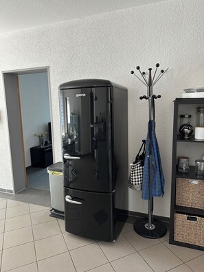A black refrigerator with a reflective surface, a coat stand with a blue jacket, and a small kitchen area with a sink and cabinets. - Ideal for golfers, cyclists, and recreational athletes—3-room apartment in a central location (Krauchenwies)
