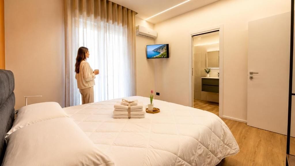 Een hotelkamer met een bed, een aan de muur bevestigde televisie en een deur naar een badkamer.