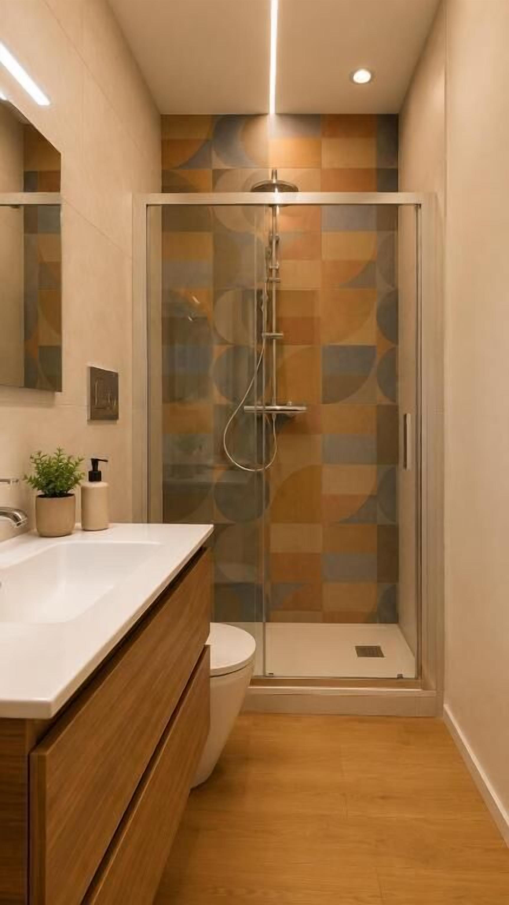 A modern bathroom with a glass-enclosed shower, a wooden vanity, and a white sink.