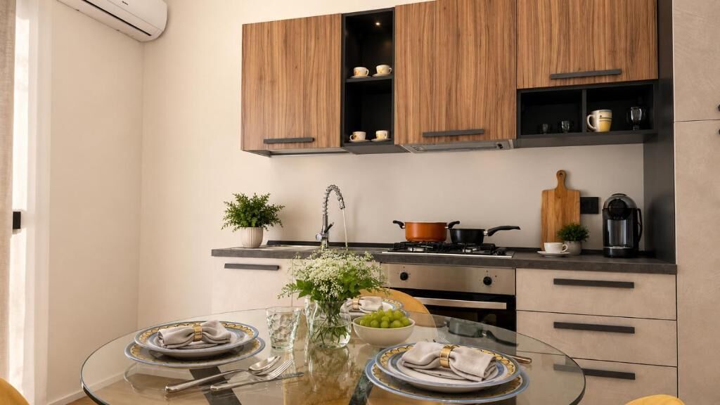 A modern kitchen with wooden cabinets, a glass dining table, and a coffee machine.