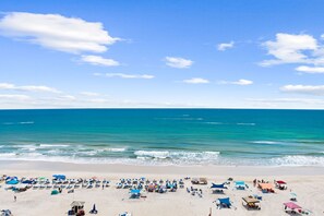 A beach with rows of sun loungers and umbrellas, a clear sky, and calm sea. - Ocean Villa 901 ~ beachfront 2 bed 2 bath condo in Panama City Beach (Panama City Beach)