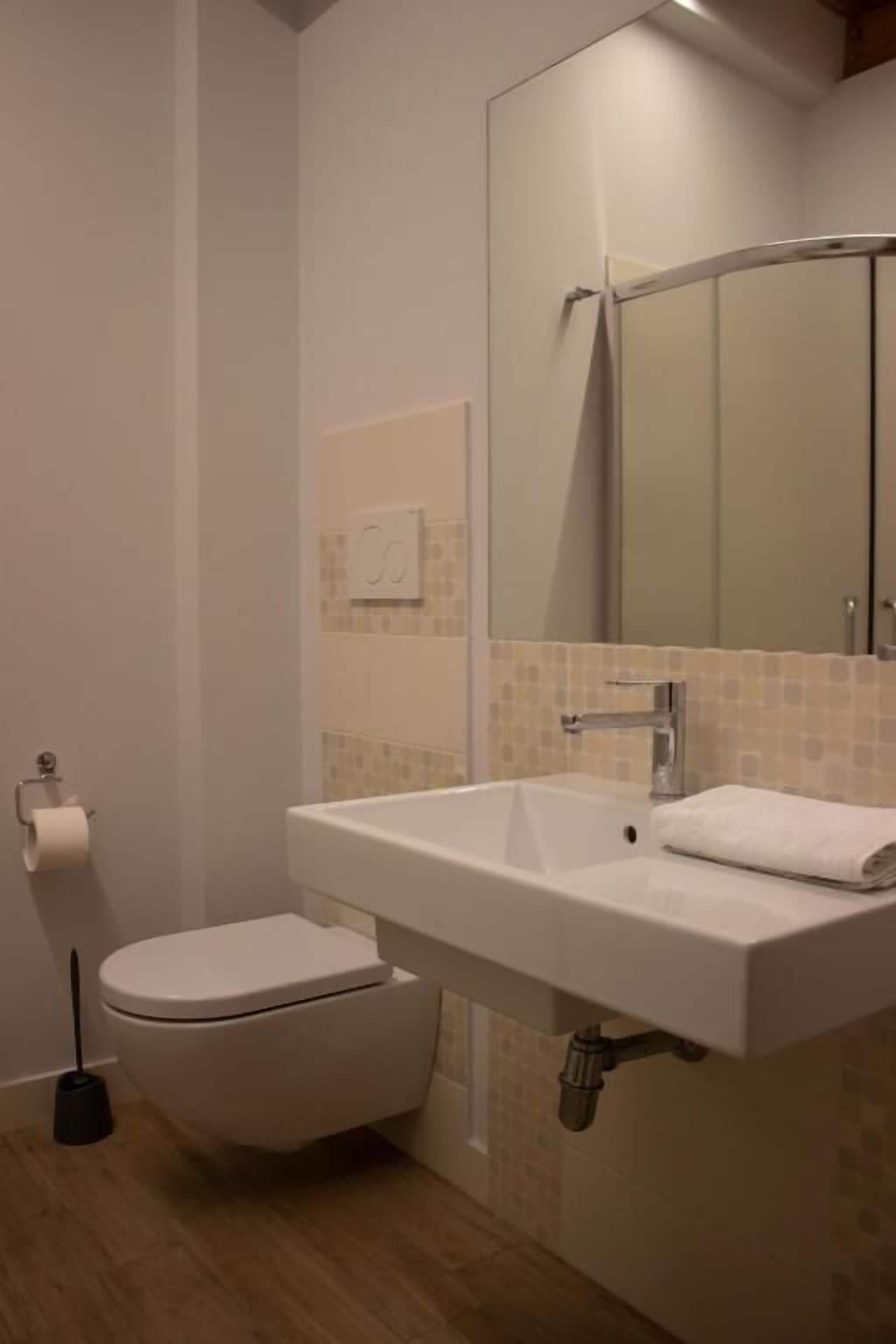 A bathroom with a white toilet, a sink with a towel, and a mirror above the sink.