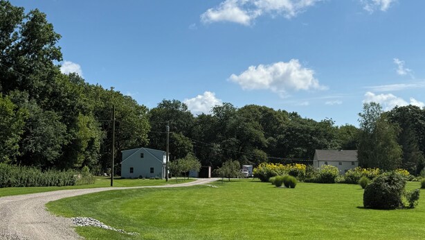A rural landscape with a gravel driveway leading to a house surrounded by lush greenery and trees.