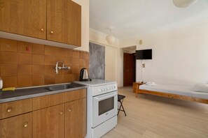 A compact kitchen with wooden cabinets, a sink, and a stove. - Rousetis Two-Bedroom Apt 205 - 200m from the Sea (Aigialeia)