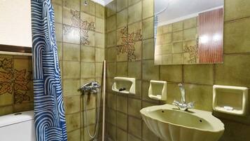 A bathroom with a shower, a sink, and a mirror.