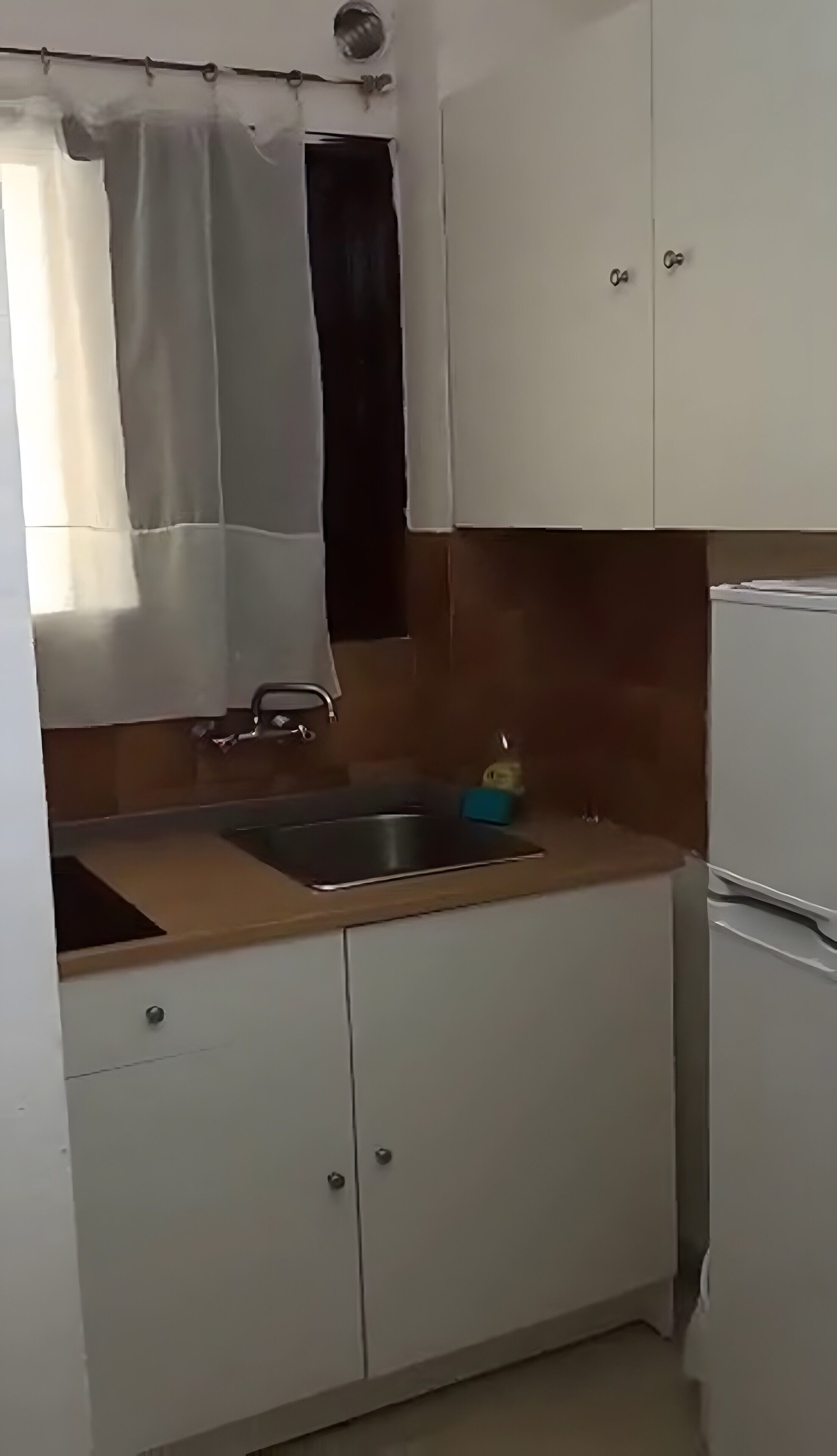 Ett litet kök med en diskho, skåp och ett kylskåp.