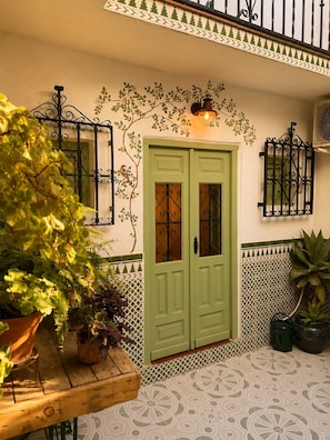 A green door with decorative ironwork, a potted plant, and a tiled floor with a geometric pattern.