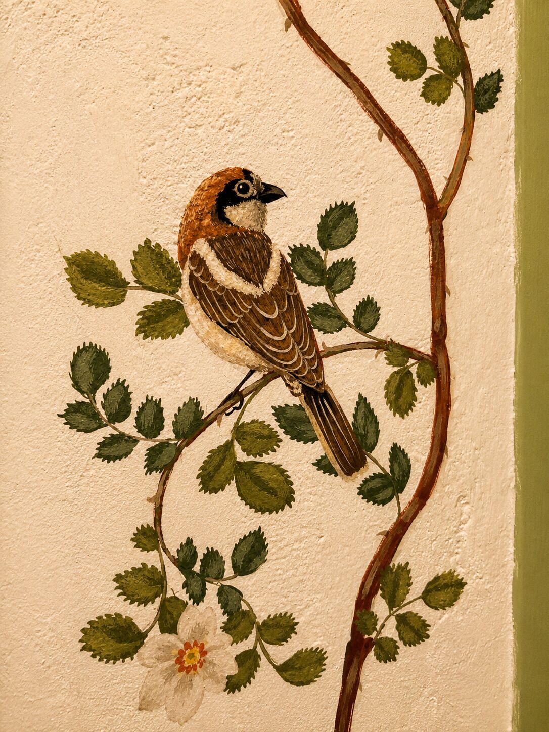 Een muur met een geschilderde vogel die op een tak met bladeren en een bloem zit.