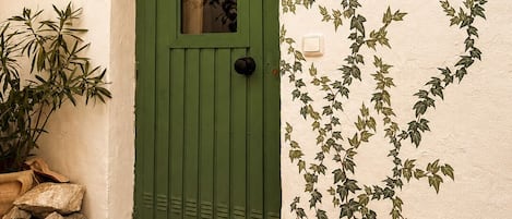 A green door with a window, a number '5' sign, and ivy on the wall.
